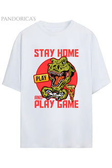 DİNO Tasarım Serisi -Gamer Dino- "STAY HOME AND PLAY GAME" Yazılı Dinazor Baskılı Pamuklu Unisex Tişört