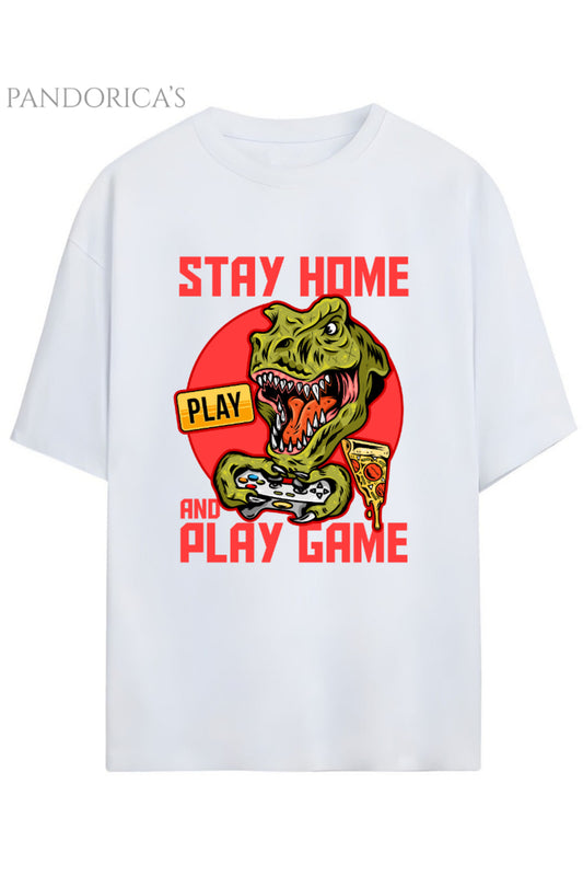 DİNO Tasarım Serisi -Gamer Dino- "STAY HOME AND PLAY GAME" Yazılı Dinazor Baskılı Pamuklu Unisex Tişört
