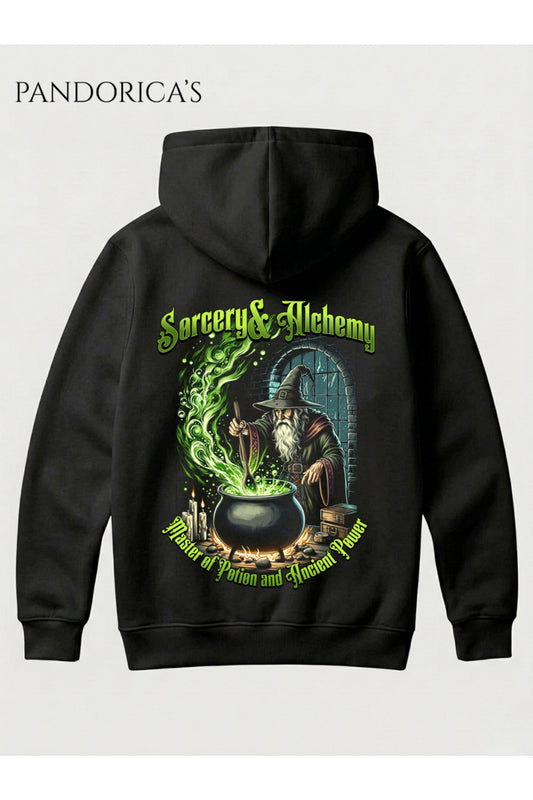Sorcery & Alchemy Büyücü Sırt Baskılı Kapüşonlu Unisex Sweatshirt Pamuklu Hoodie