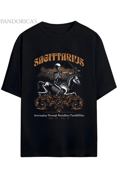 Gothic Zodyak Tasarım Serisi Sagittarius (Yay Burcu) Yazılı Baskılı Pamuklu Unisex Tişört