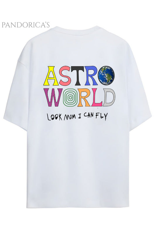Travis Scott Tasarım Serisi "Astroworld Look Mom I Can Fly" Yazılı Sırt Baskılı Pamuklu Unisex Tişört
