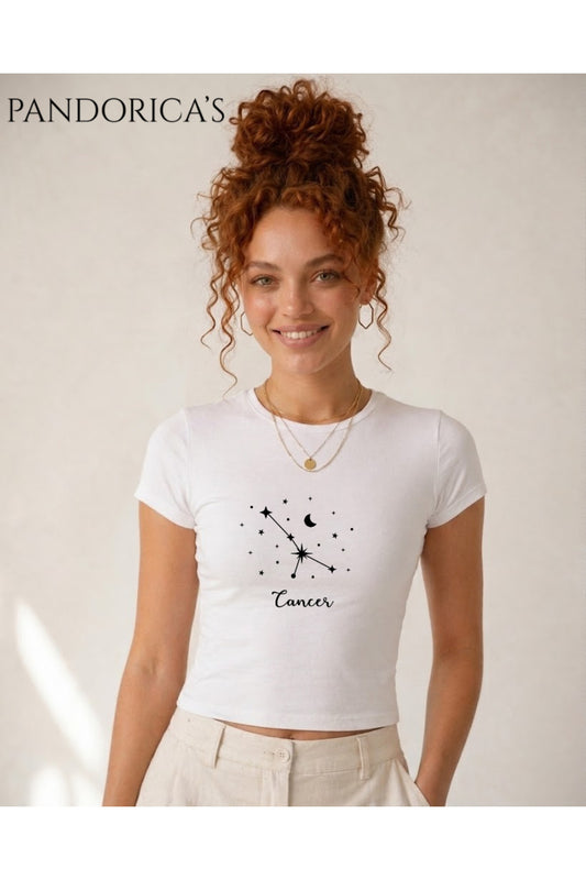 PANDORICA'S ASTROLOJİ & ZODYAK SERİSİ -YENGEÇ-BURCU TAKIMYILDIZI BASKILI SLIM FIT LİKRALI CROP TİŞÖRT(BODY TEE)
