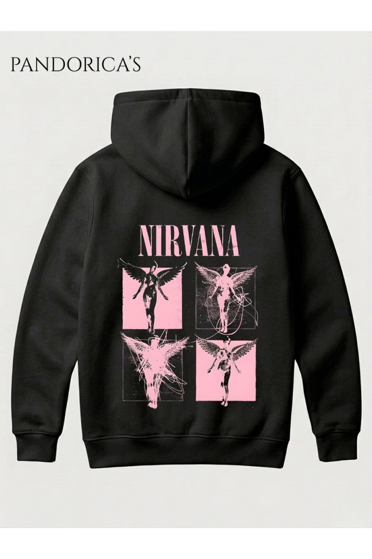 Siyah Nirvana "In Utero" Tasarımı Yazılı Sırt Baskılı Unisex Kapüşonlu Pamuklu Sweatshirt Kanguru Cep Hoodie - 204