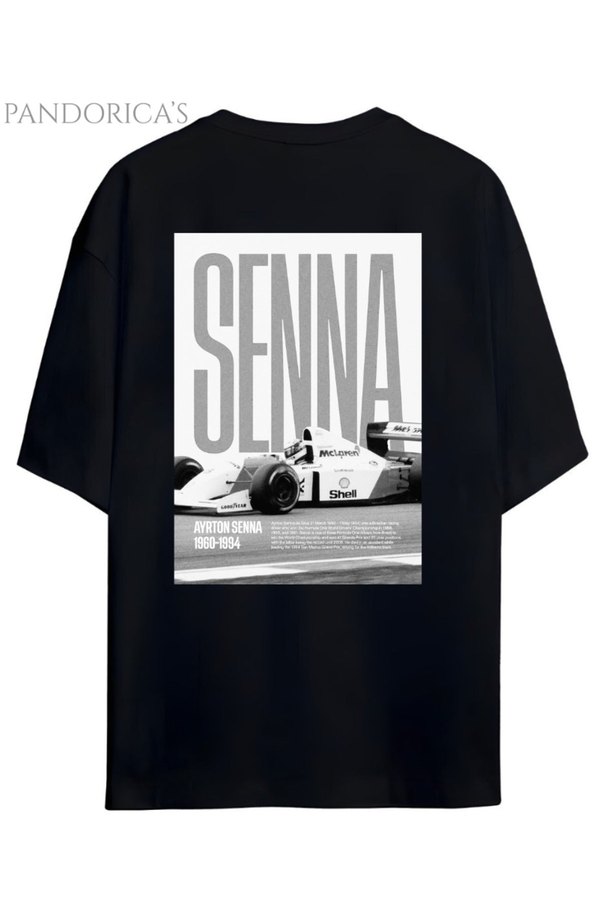 Siyah Pandorica's Ayrton Senna Tasarımı Sırt Ve Göğüste İmza Baskılı Unisex Pamuklu T-Shirt - 69