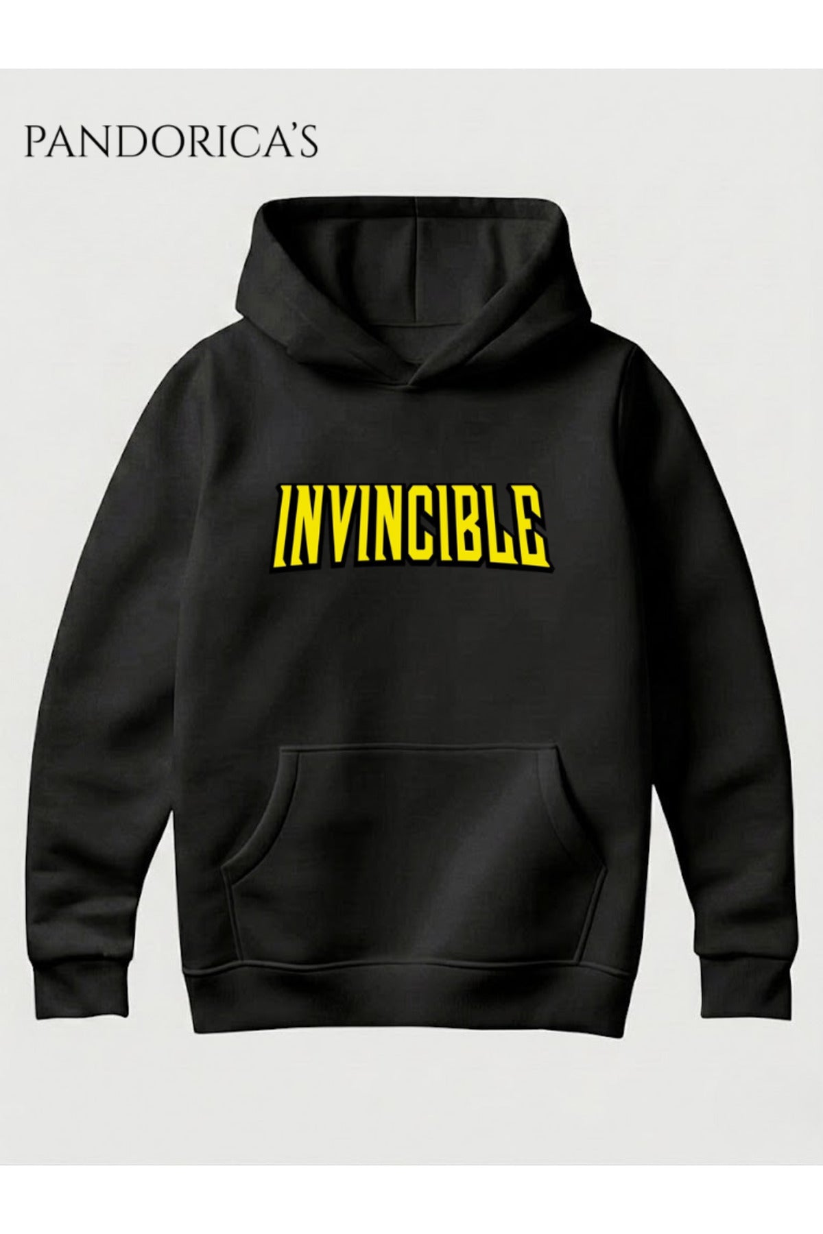 Siyah Invincible Tasarım Serisi İkonik Fontta Yazılı Baskılı Unisex Kapüşonlu Pamuklu Sweatshirt (Hoodie) - 1