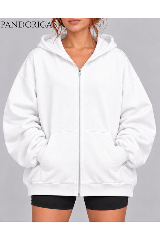Unisex Relaxed Baskısız Basic İçi Şardonlu Kapüşonlu Fermuarlı Sweatshirt Hırka