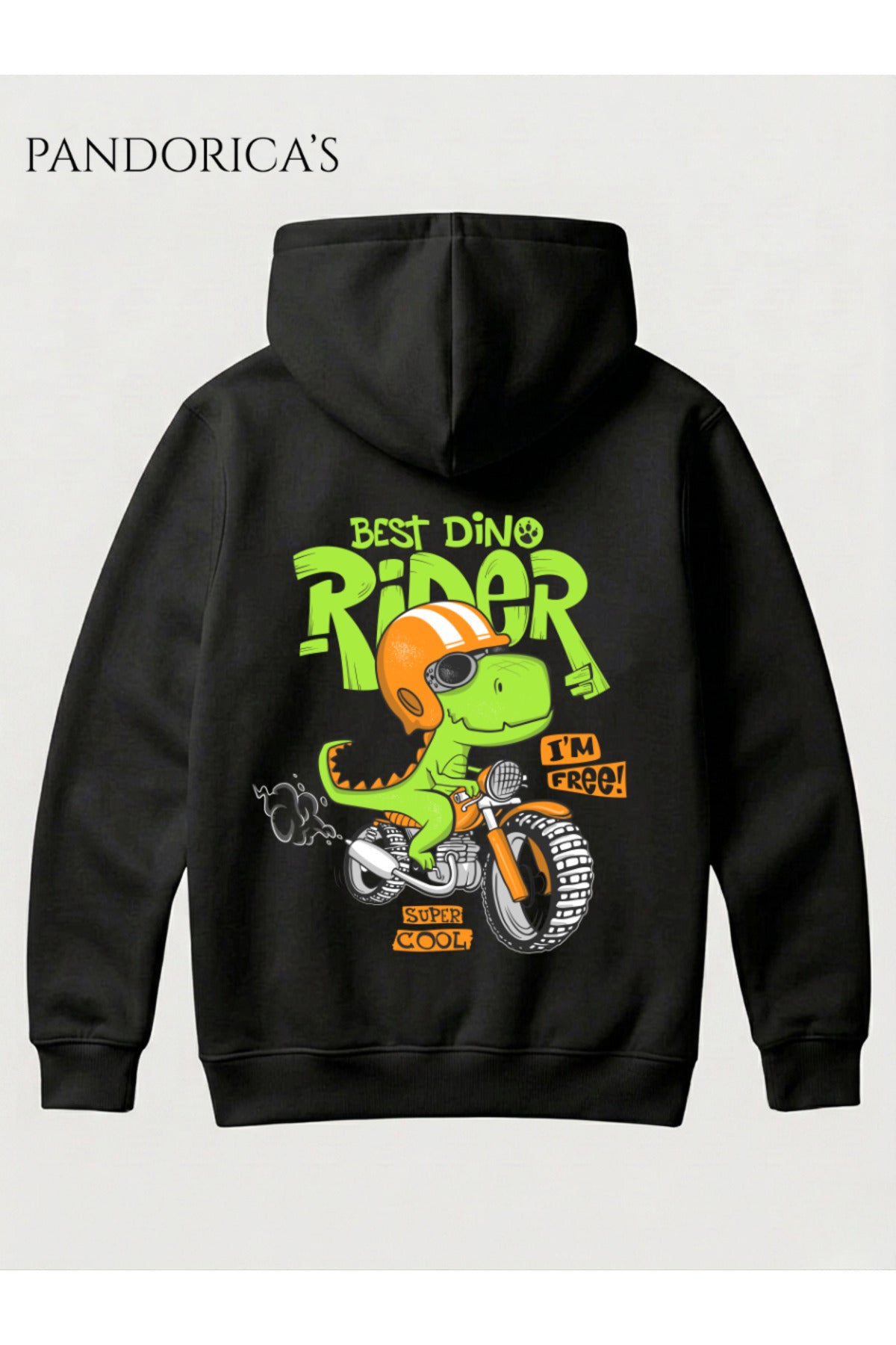 Siyah Dinazor Tasarım Serisi "Dino Rider" Yazılı Sırt Baskılı Unisex Kapüşonlu Pamuklu Sweatshirt (Hoodie) - 33