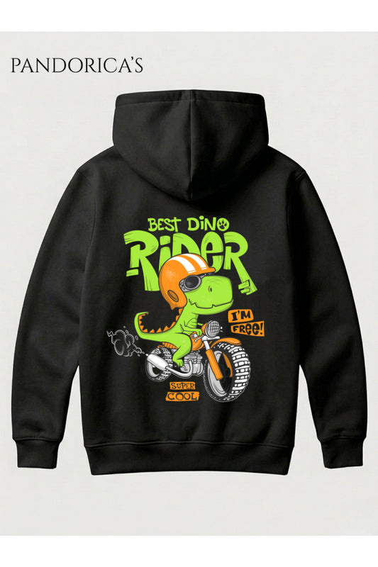 Dinazor Tasarım Serisi "DINO RIDER" Yazılı Sırt Baskılı Unisex Kapüşonlu Pamuklu Sweatshirt (Hoodie)