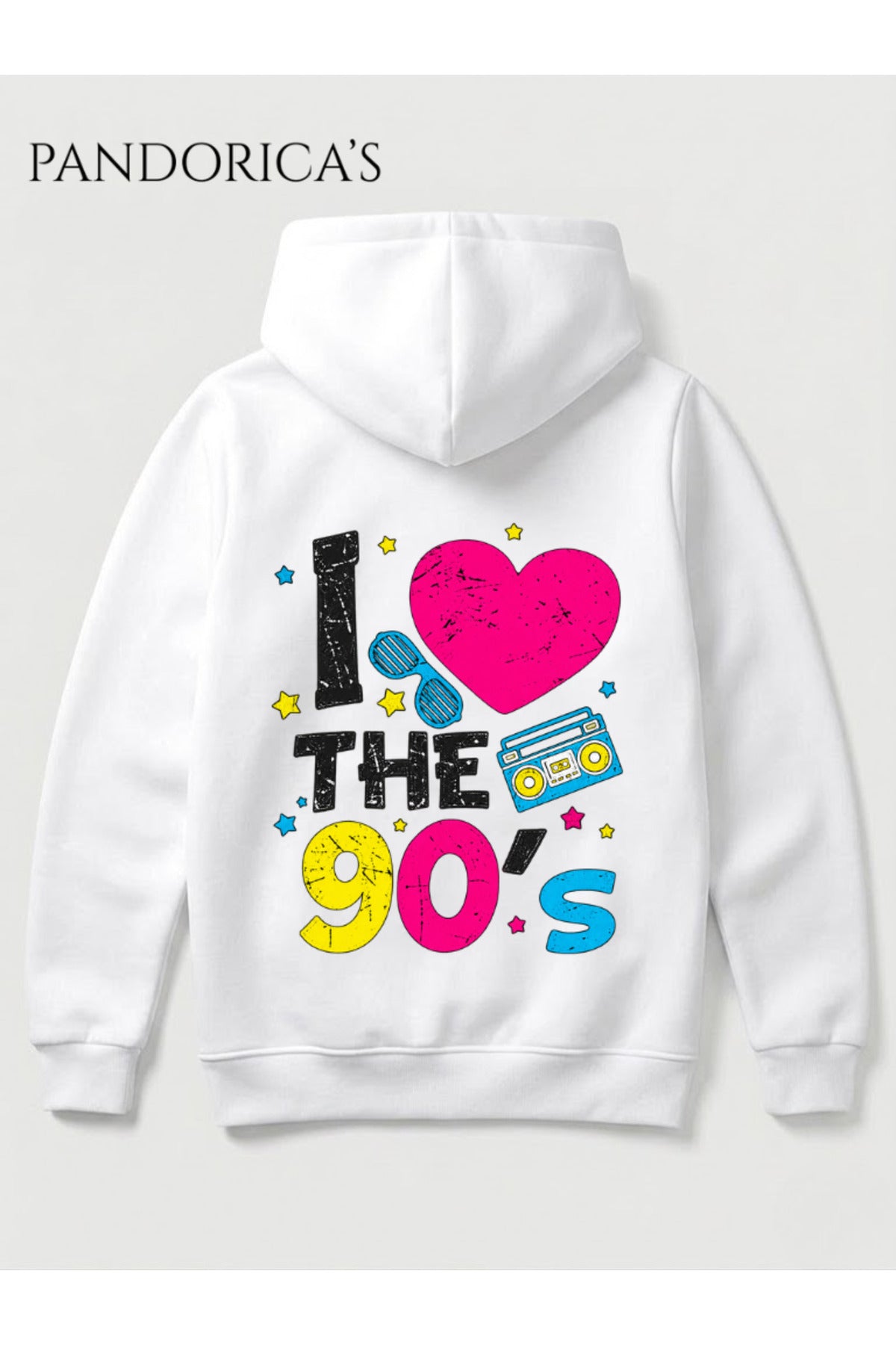 Beyaz 90lar "I Love 90'S" Yazılı Retro Tasarımı Sırt Baskılı Unisex Kapüşonlu Pamuklu Sweatshirt Hoodie - 60