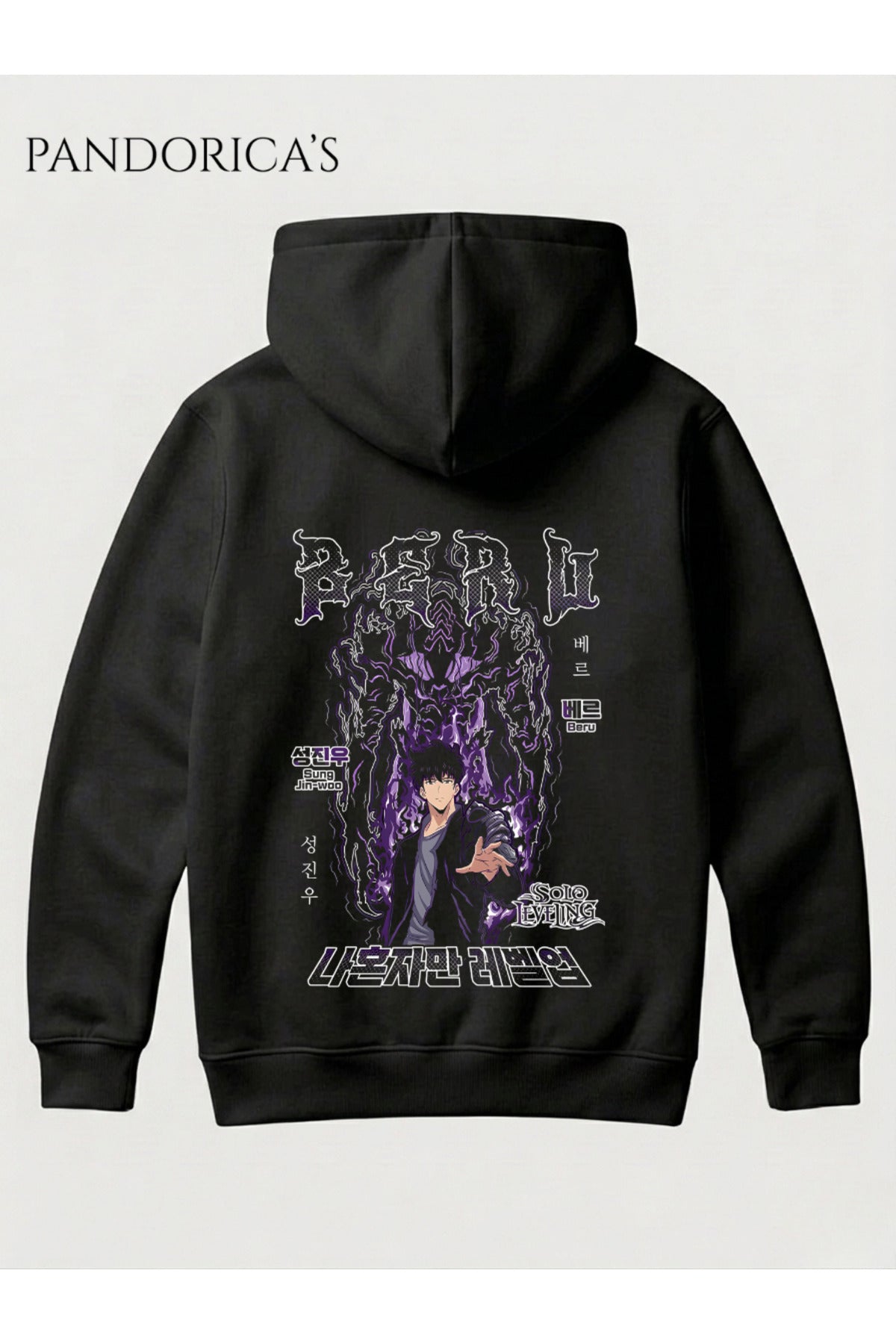 Solo Leveling Anime Sung Jinwoo "Beru" (Karınca Kral) Tasarımı Yazılı Sırt Ve Ön Baskılı Unisex Kapüşonlu Pamuklu Sweatshirt Hoodie