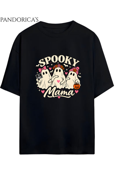 Kadın Hamile Temalı "SPOOKY MAMA" Yazılı Cadılar Bayramı Sevimli Hayalet Baskılı Oversize Pamuklu Tişört Bisiklet Yaka