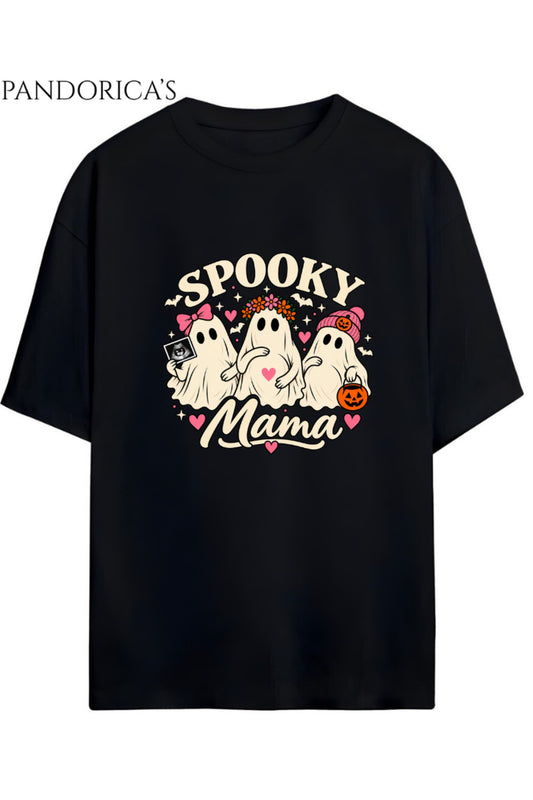 Kadın Hamile Temalı "SPOOKY MAMA" Yazılı Cadılar Bayramı Sevimli Hayalet Baskılı Oversize Pamuklu Tişört Bisiklet Yaka