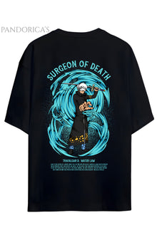 ONE PIECE ÖZEL TASARIM SERİSİ "TRAFALGAR D. WATER LAW SURGEON OF DEATH" SIRT BASKILI YAZILI UNISEX PAMUKLU TİŞÖRT