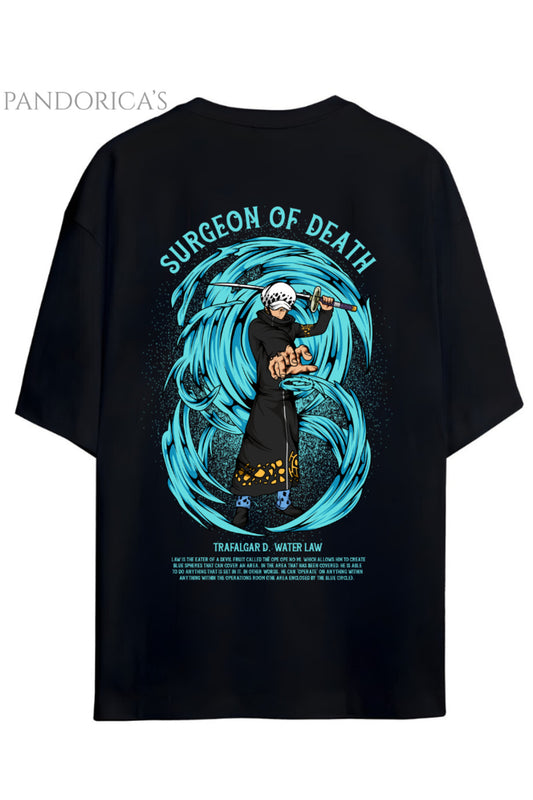 ONE PIECE ÖZEL TASARIM SERİSİ "TRAFALGAR D. WATER LAW SURGEON OF DEATH" SIRT BASKILI YAZILI UNISEX PAMUKLU TİŞÖRT