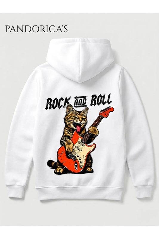 ROCK&ROLL Yazılı Gitar Çalan Sevimli Rocker Kedi Yazılı SIRT Baskılı Unisex %100 Pamuk 3 İplik Kışlık Kapüşonlu Kanguru Cepli Basic Sweatshirt (Hoodie)