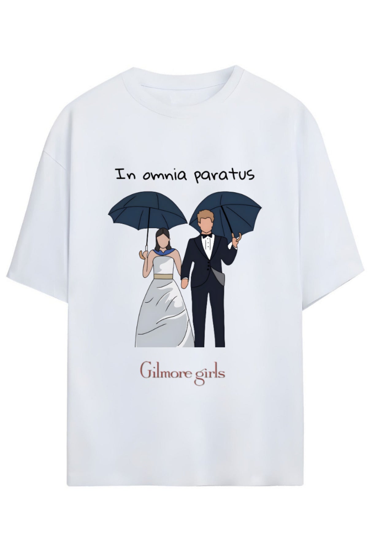 Beyaz Gilmore Girls Tasarım Serisi Rory Ve Jack İkonik Replik "In Omnia Paratus" Yazılı Şemsiye Baskılı Unisex Tişört - 65