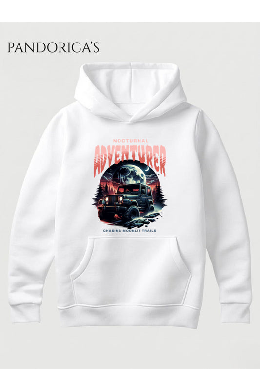 Streetwear Tasarım Serisi "Nocturnal Adventurer Off-Road" Yazılı Baskılı Unisex Kapüşonlu Pamuklu Sweatshirt (Hoodie)