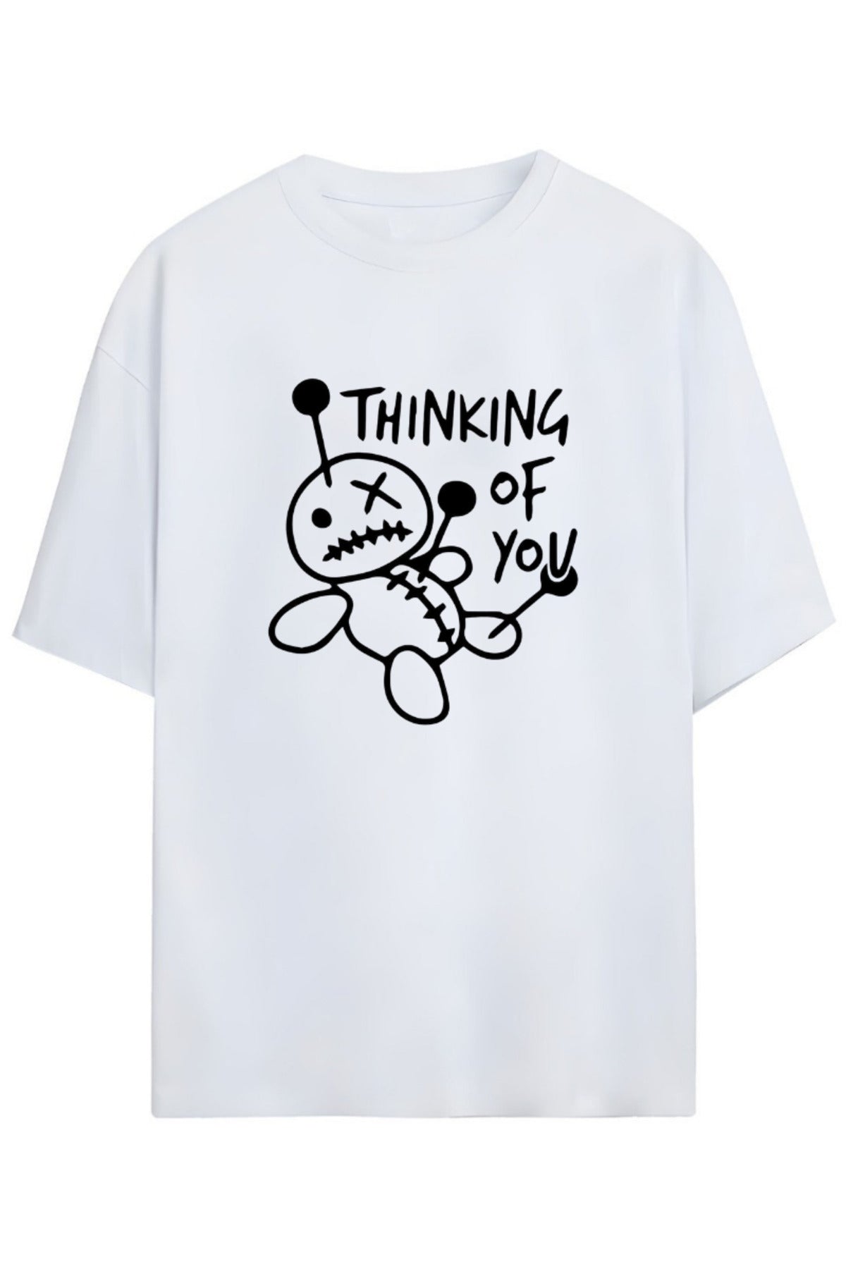 Beyaz Thinking Of You Yazılı Çizimlı Unisex Pamuklu T-Shirt - 13