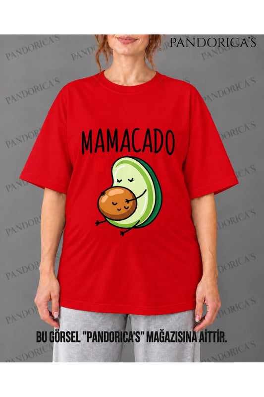 Kadın Hamile Temalı "MAMACADO" Sevimli Avokado Baskılı Oversize %100 Pamuk Tişört Bisiklet Yaka
