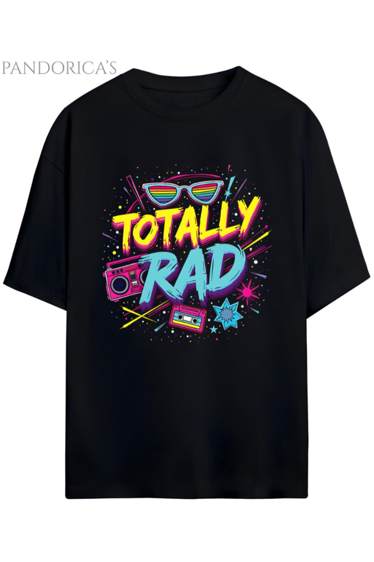Siyah Pandorica's "Totally Rad" Yazılı Baskılı Retro Tasarım Serisi Funky Unisex Pamuklu Tişört - 103