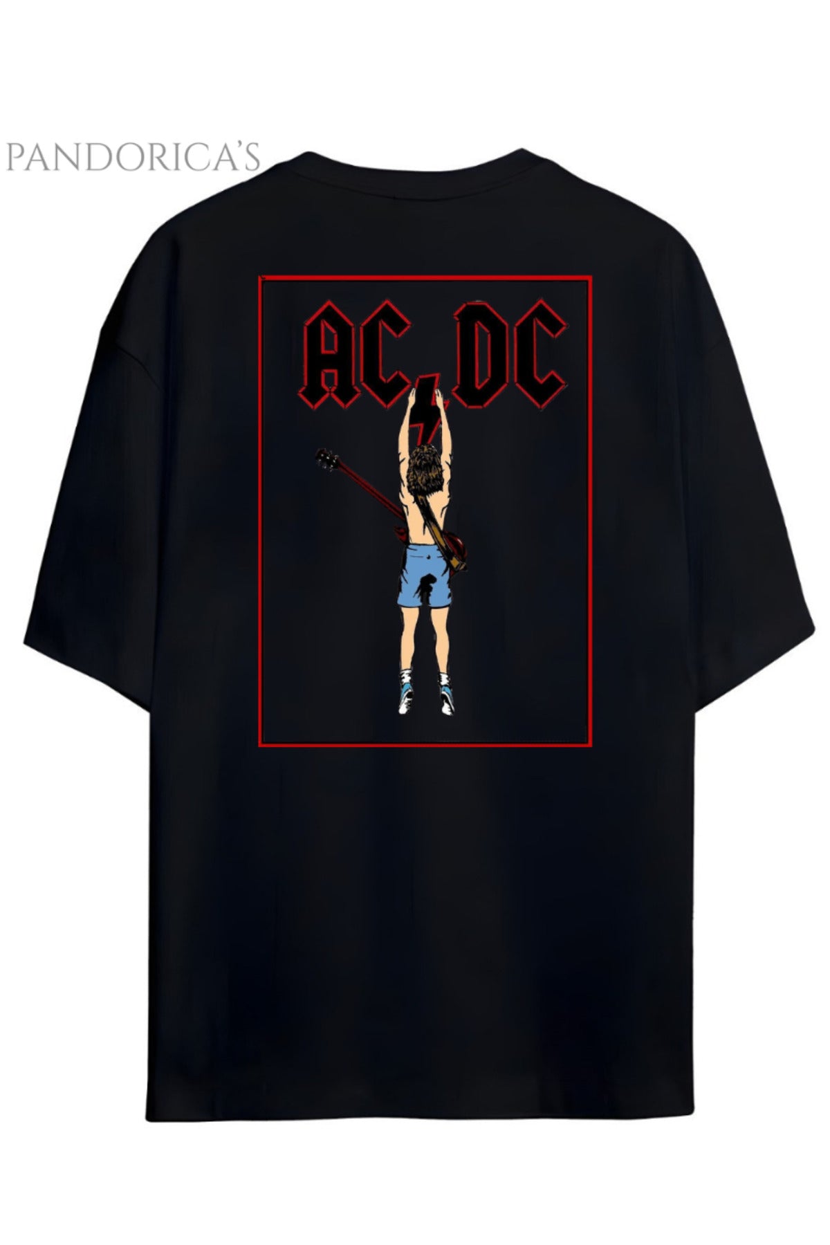 Siyah Pandorica's AC/DC Tasarımı Sırt Baskılı Unisex Pamuklu T-Shirt - 13