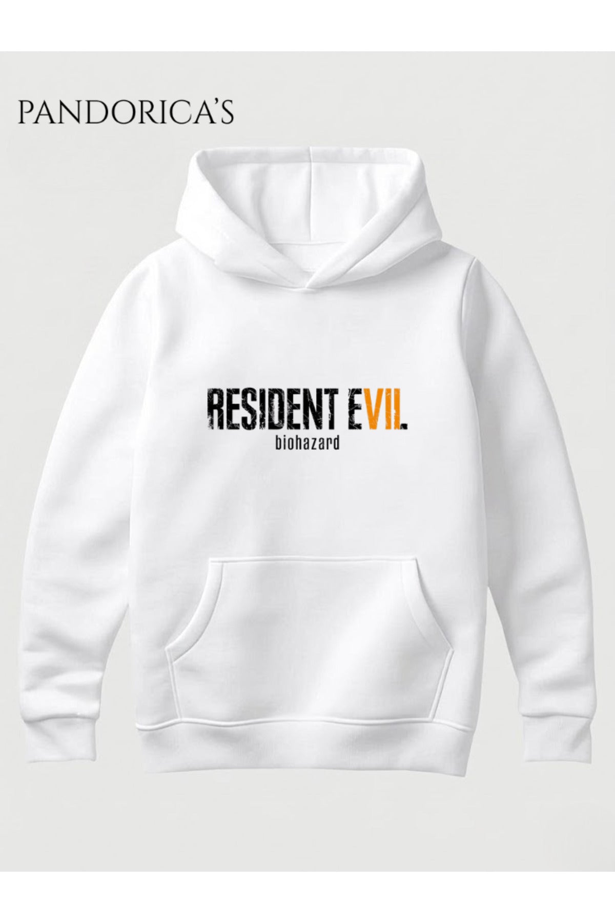 Beyaz Resident Evil 7 Biohazard Tasarımı Yazılı Sırt Ve Ön Baskılı Unisex Kapüşonlu Pamuklu Gamer Sweatshirt Hoodie - 142