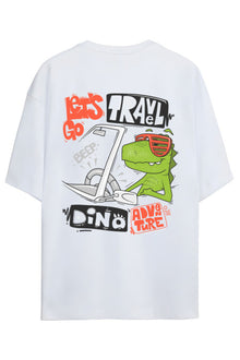 DİNO Tasarım Serisi -Seyyah Dino- Yazılı Dinazor Sırt Baskılı Pamuklu Unisex Tişört