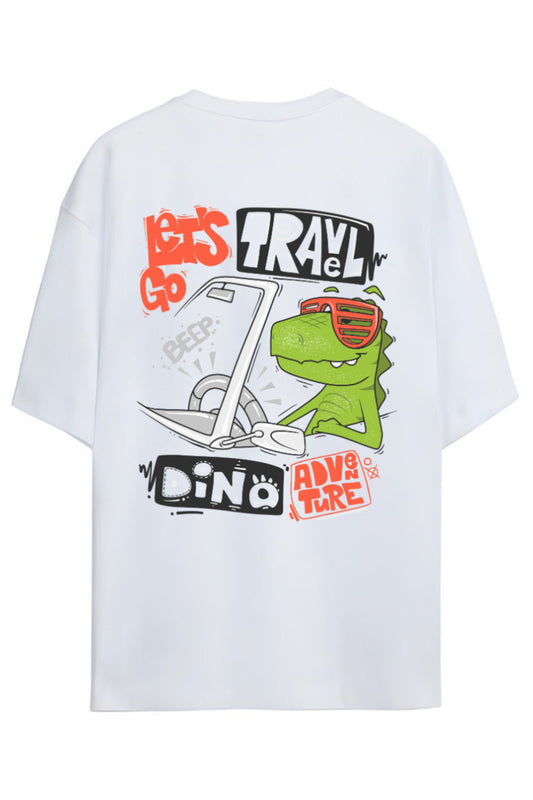DİNO Tasarım Serisi -Seyyah Dino- Yazılı Dinazor Sırt Baskılı Pamuklu Unisex Tişört