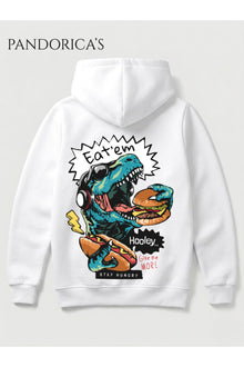 DİNO Tasarım Serisi "EAT'EM" Yazılı Sırt Baskılı Unisex Kapüşonlu Pamuklu Sweatshirt (Hoodie)