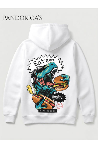 DİNO Tasarım Serisi "EAT'EM" Yazılı Sırt Baskılı Unisex Kapüşonlu Pamuklu Sweatshirt (Hoodie)