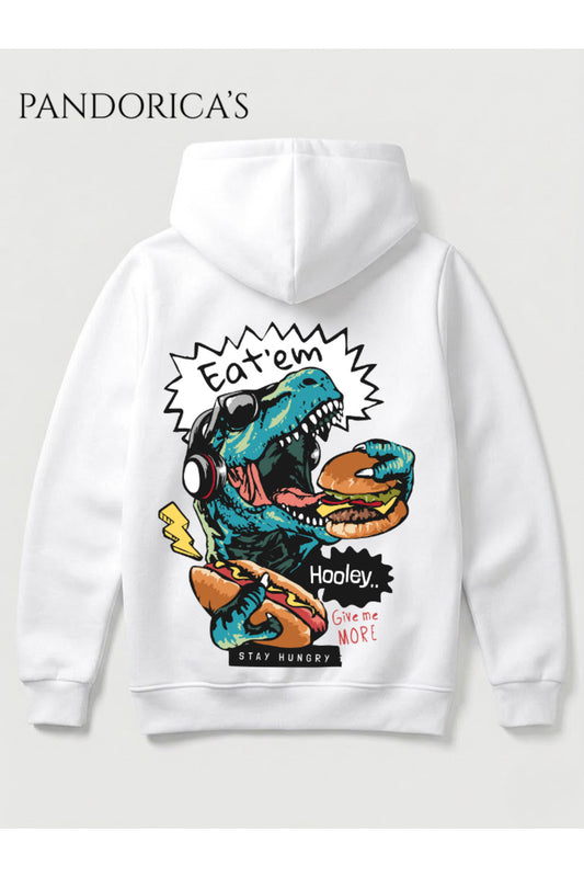 DİNO Tasarım Serisi "EAT'EM" Yazılı Sırt Baskılı Unisex Kapüşonlu Pamuklu Sweatshirt (Hoodie)