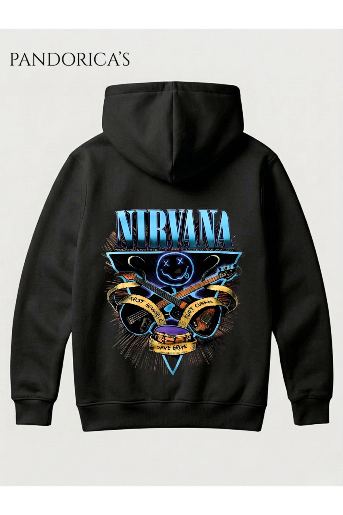 Siyah Nirvana Tasarımı Yazılı Sırt Baskılı Unisex Kapüşonlu Pamuklu Sweatshirt Kanguru Cep Hoodie - 42