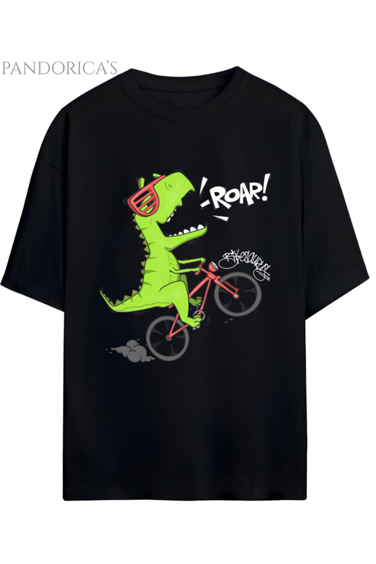 Siyah Dino Tasarım Serisi Rider Motorcu Dino "Roarr" Yazılı Dinazor Baskılı Pamuklu Unisex Tişört - 9