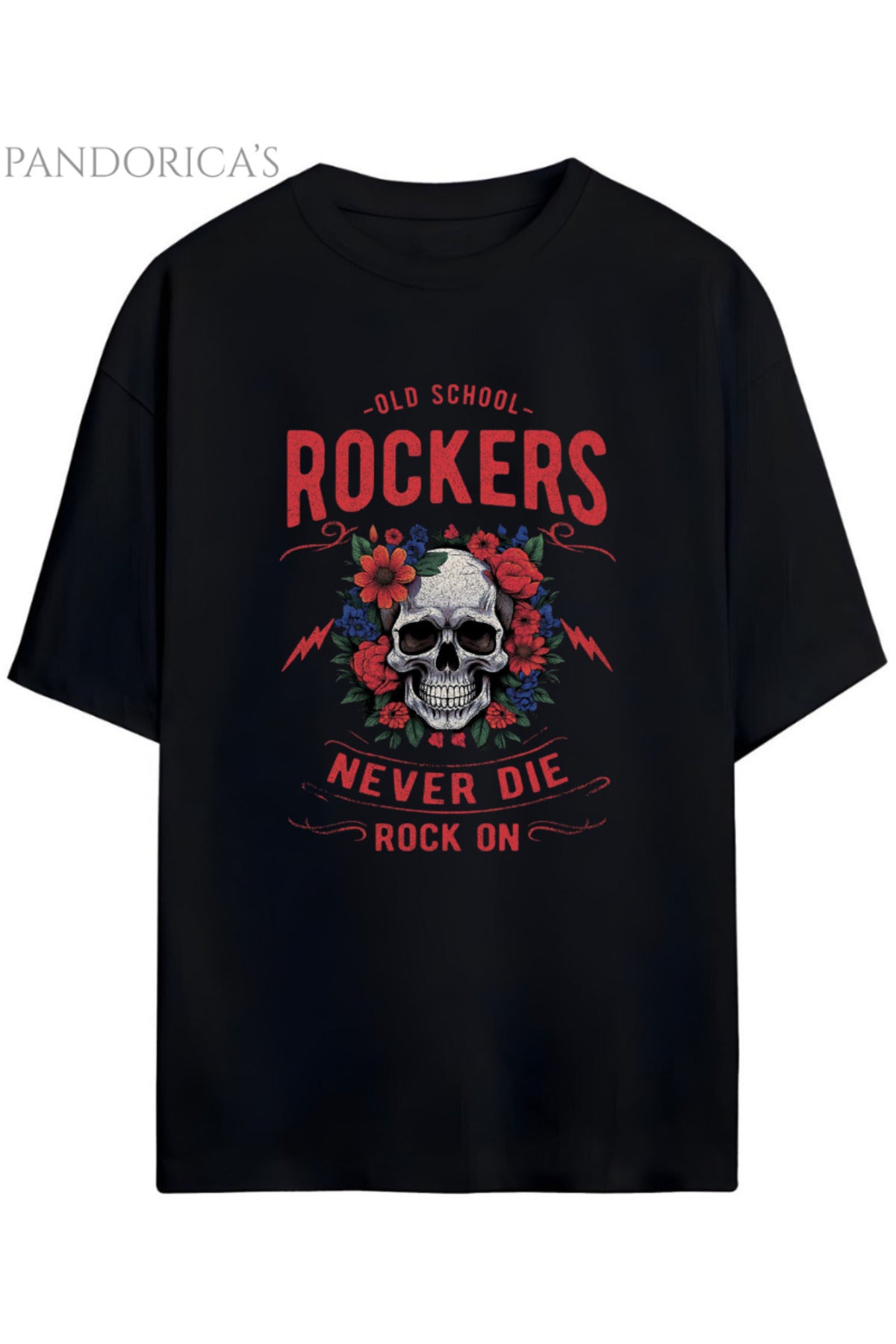 Pandorica's Rock Tasarım Serisi "Old School Rockers Never Die" Yazılı Baskılı Unisex Pamuklu T-Shirt