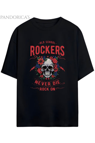 Pandorica's ROCK TASARIM SERİSİ "OLD SCHOOL ROCKERS NEVER DIE" Yazılı Baskılı Unisex Pamuklu T-shirt