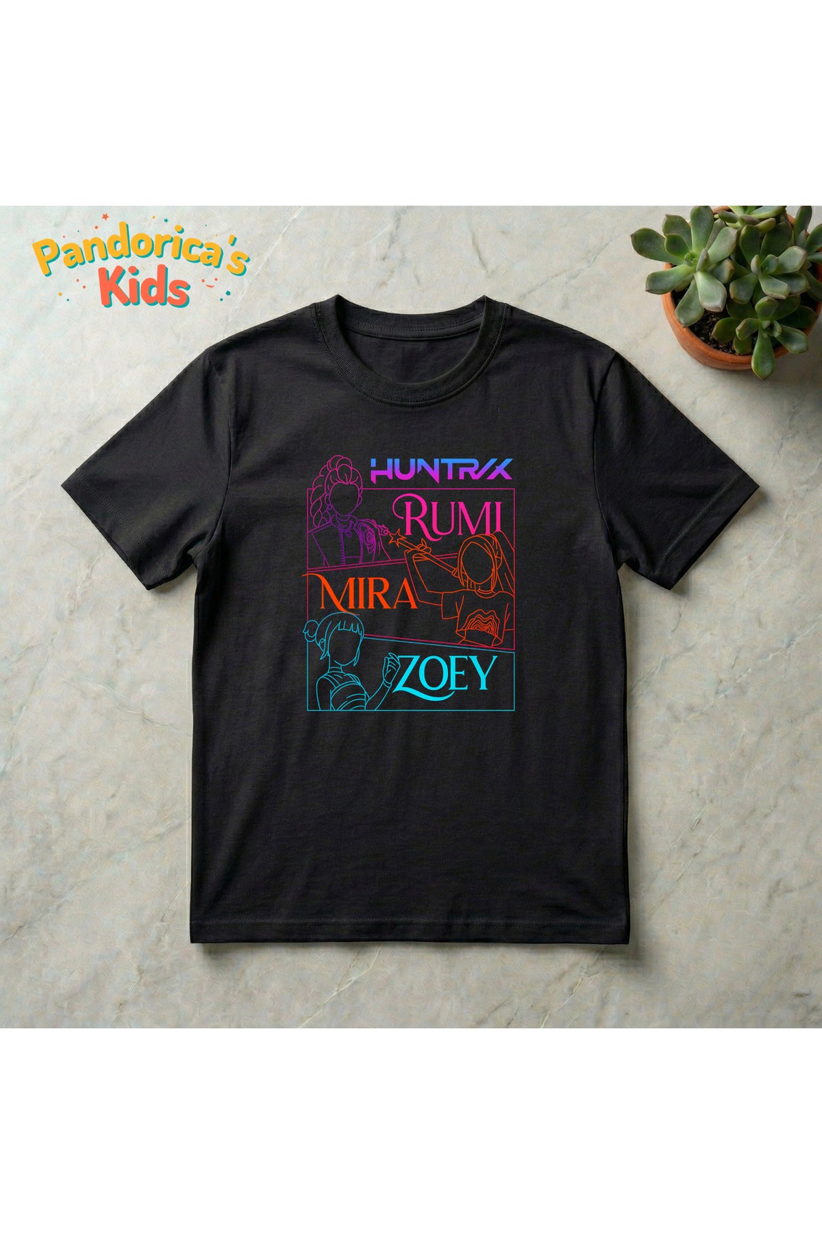 Siyah Pandorica's Kpop İblis Avcıları (Demon Hunters) Tasarımı Pamuklu Unisex Çocuk T-Shirt - 92