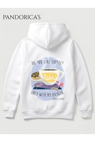 GILMORE GIRLS "DO YOU LIKE COFFEE ONLY WITH MY OXYGEN" Lorelai Kahve Tasarımı Yazılı SIRT Baskılı Unisex Kapüşonlu Pamuklu Sweatshirt Hoodie