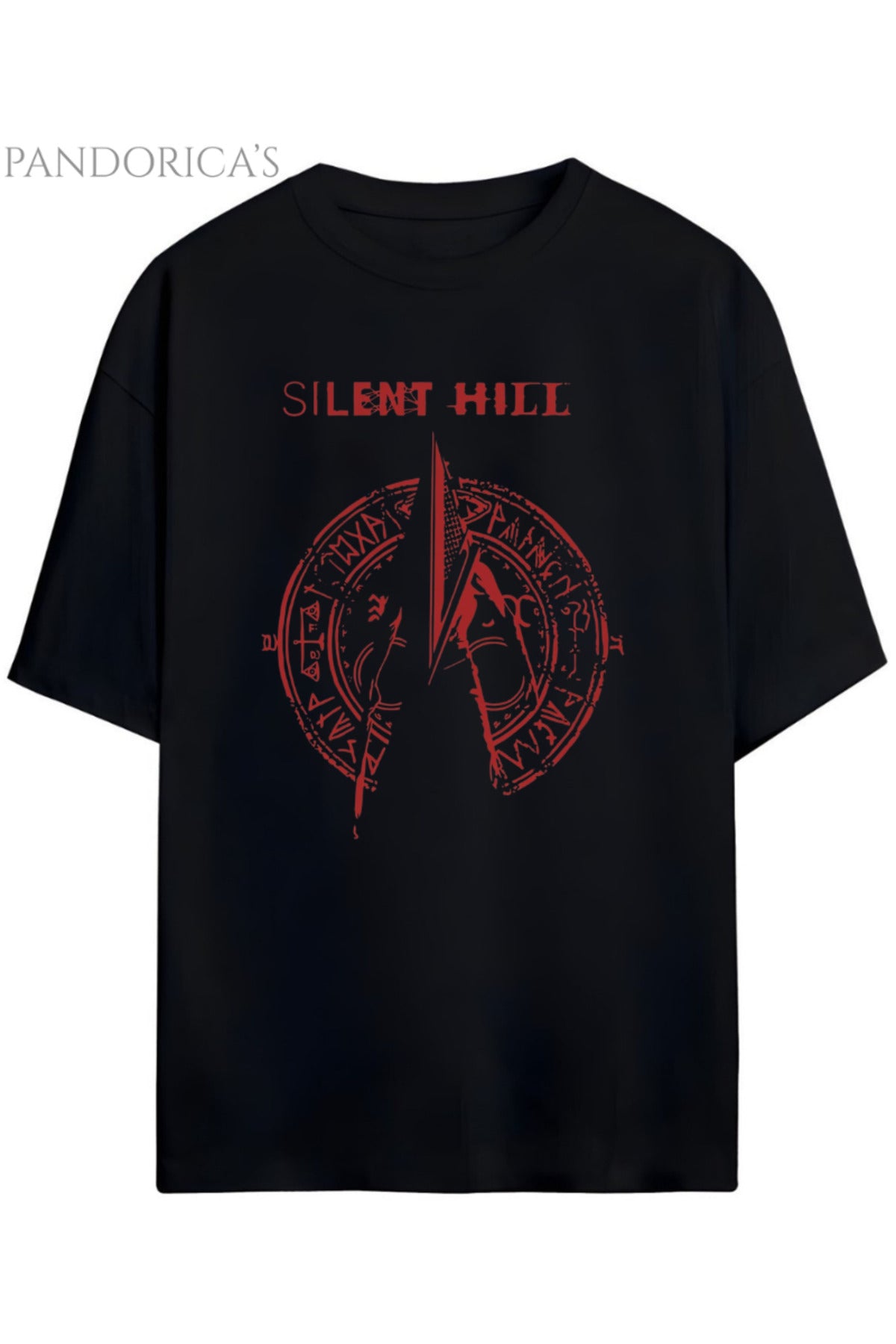 Siyah Pandorica's Silent Hill Tasarımı Baskılı Yazılı Unisex Pamuklu T-Shirt - 17