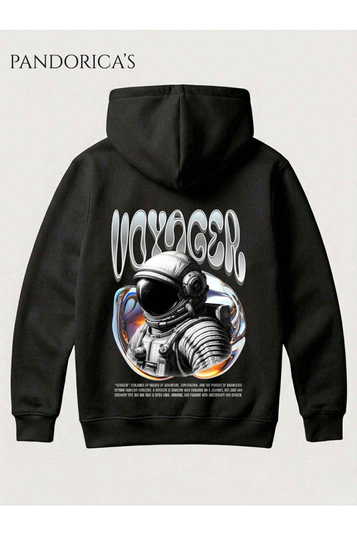 Siyah Unisex Voyager Yazılı Likit Font Astronot Uzay Temalı Sırt Baskılı Kapüşonlu Sweatshirt Pamuklu Hoodie
