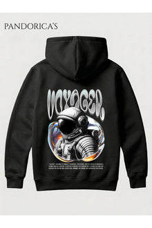 Siyah Unisex Voyager Yazılı Likit Font Astronot Uzay Temalı Sırt Baskılı Kapüşonlu Sweatshirt Pamuklu Hoodie