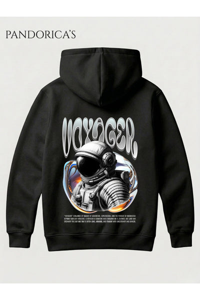 Siyah Unisex Voyager Yazılı Likit Font Astronot Uzay Temalı Sırt Baskılı Kapüşonlu Sweatshirt Pamuklu Hoodie