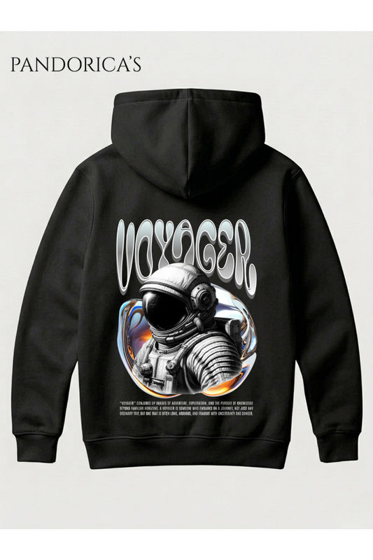 Siyah Unisex Voyager Yazılı Likit Font Astronot Uzay Temalı Sırt Baskılı Kapüşonlu Sweatshirt Pamuklu Hoodie