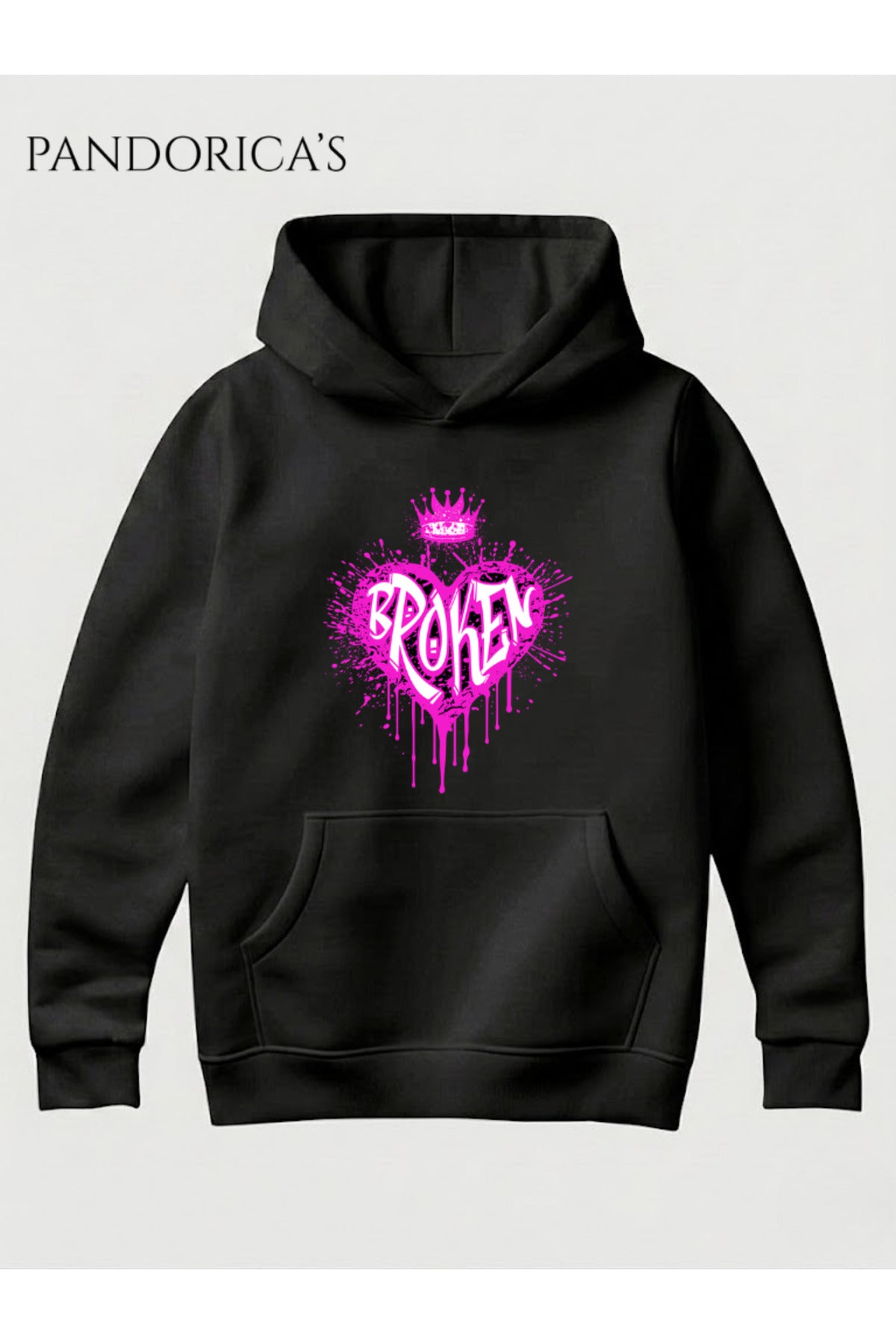 Siyah Unisex Broken Kalp Baskılı Pembe Graffitili Kapüşonlu Sweatshirt Pamuklu Hoodie - 96