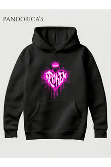 Unisex Broken Kalp Baskılı Pembe Graffitili Kapüşonlu Sweatshirt Pamuklu Hoodie