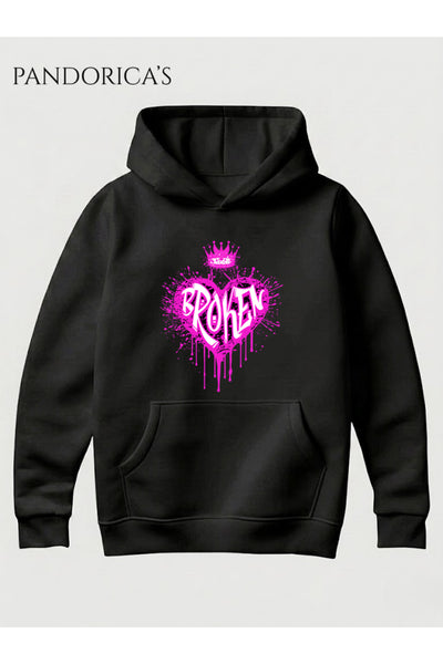 Unisex Broken Kalp Baskılı Pembe Graffitili Kapüşonlu Sweatshirt Pamuklu Hoodie