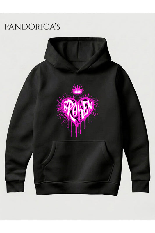 Unisex Broken Kalp Baskılı Pembe Graffitili Kapüşonlu Sweatshirt Pamuklu Hoodie