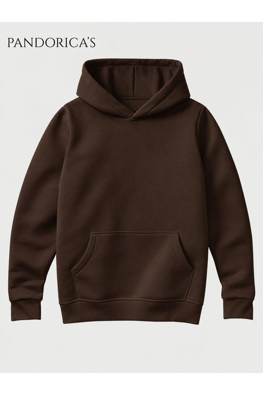 Unisex Kahverengi %100 Pamuk 3 İplik Kışlık Kapüşonlu Kanguru Cepli Basic Sweatshirt (Hoodie)