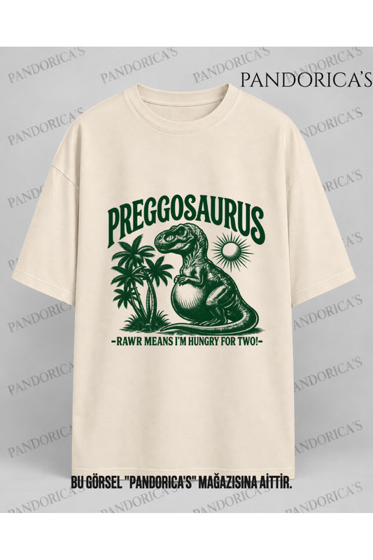 Kadın Hamile Temalı "PREGGOSAURS I'M HUNGRY FOR TWO" Sevimli Dinazor Baskılı Oversize %100 Pamuk Tişört Bisiklet Yaka