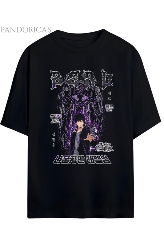 Solo Leveling Anime Tasarım Serisi "BERU" (Karınca Kral) Yazılı Baskılı Pamuklu Unisex Tişört
