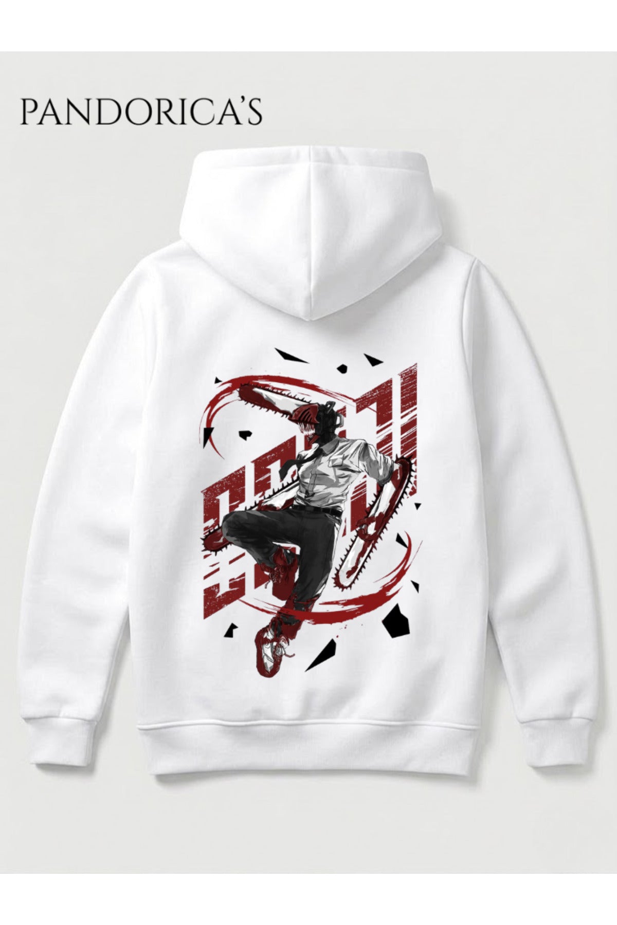 Beyaz Chainsaw Man Anime Manga Tasarım Serisi Yazılı Sırt Baskılı Unisex Kapüşonlu Pamuklu Sweatshirt Hoodie - 78